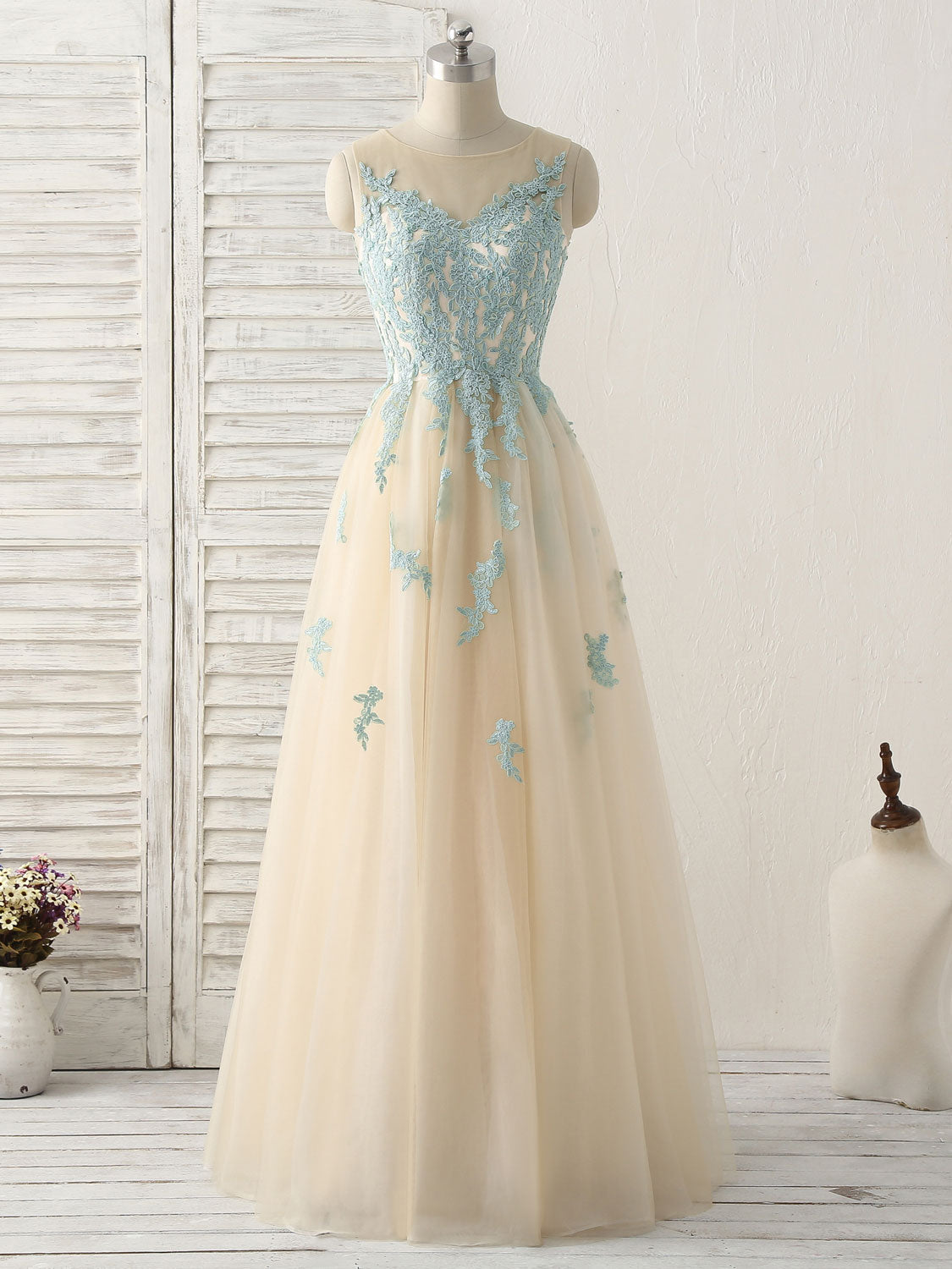 Formal Dresses Cocktail, Cute Champagne Lace Long Prom Dress, A Line Tulle Bridesmaid Dress