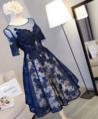 Bridesmaids Dress Websites, Cute Dark Blue Lace Short Prom Dress, Blue Homecoming Dress