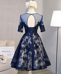 Bridesmaid Dresses Website, Cute Dark Blue Lace Short Prom Dress, Blue Homecoming Dress