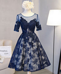 Bridesmaid Dress As Wedding Dress, Cute Dark Blue Lace Short Prom Dress, Blue Homecoming Dress