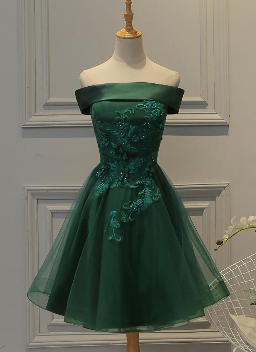 Formal Dresses For Weddings Mother Of The Bride, Cute Dark Green Off Shoulder Short Party Dress, Tulle Homecoming Dress