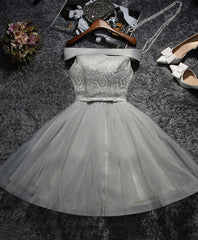 Formal Dresses Long Sleeved, Cute Gray Lace Tulle Short Prom Dress, Gray Homecoming Dress