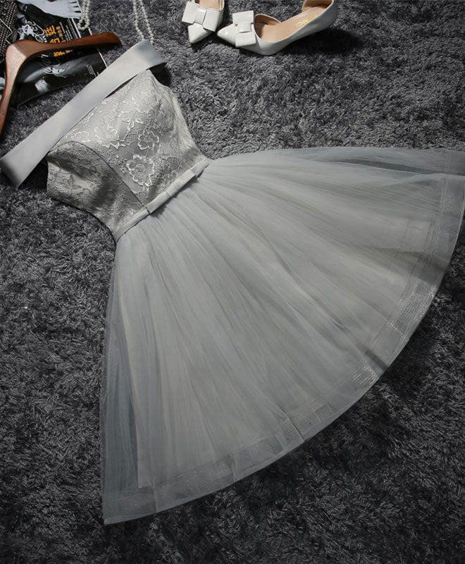 Formal Dress Long Sleeved, Cute Gray Lace Tulle Short Prom Dress, Gray Homecoming Dress
