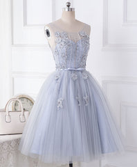 Evening Dress Long Elegant, Cute Gray Round Neck  Lace Tulle Short Prom Dress, Homecoming Dress