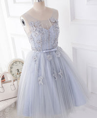 Evening Dresses Long Elegant, Cute Gray Round Neck  Lace Tulle Short Prom Dress, Homecoming Dress