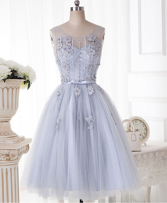 Evening Dresses 2036, Cute Gray Round Neck  Lace Tulle Short Prom Dress, Homecoming Dress