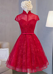 Party Dresses Miami, Cute Lace Short Cap Sleeves Homecoming Dress, Red Short Party Dresses