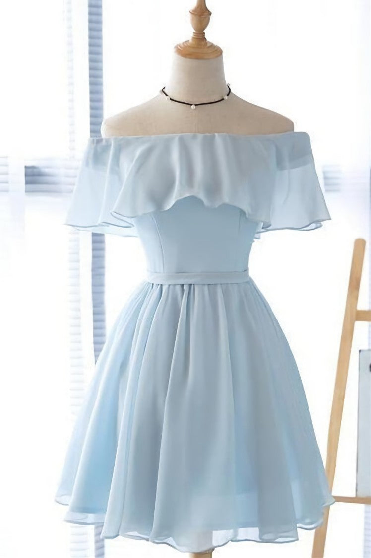 Bridesmaid Dress Vintage, Cute Off the Shoulder Light Blue Short Hoco Dresses