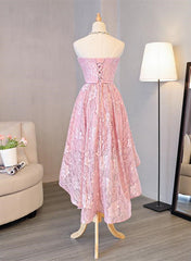 Bridesmaid Dresses Design, Cute Pink High Low Lace Scoop Homecoming Dress, Pink Short Prom Dress