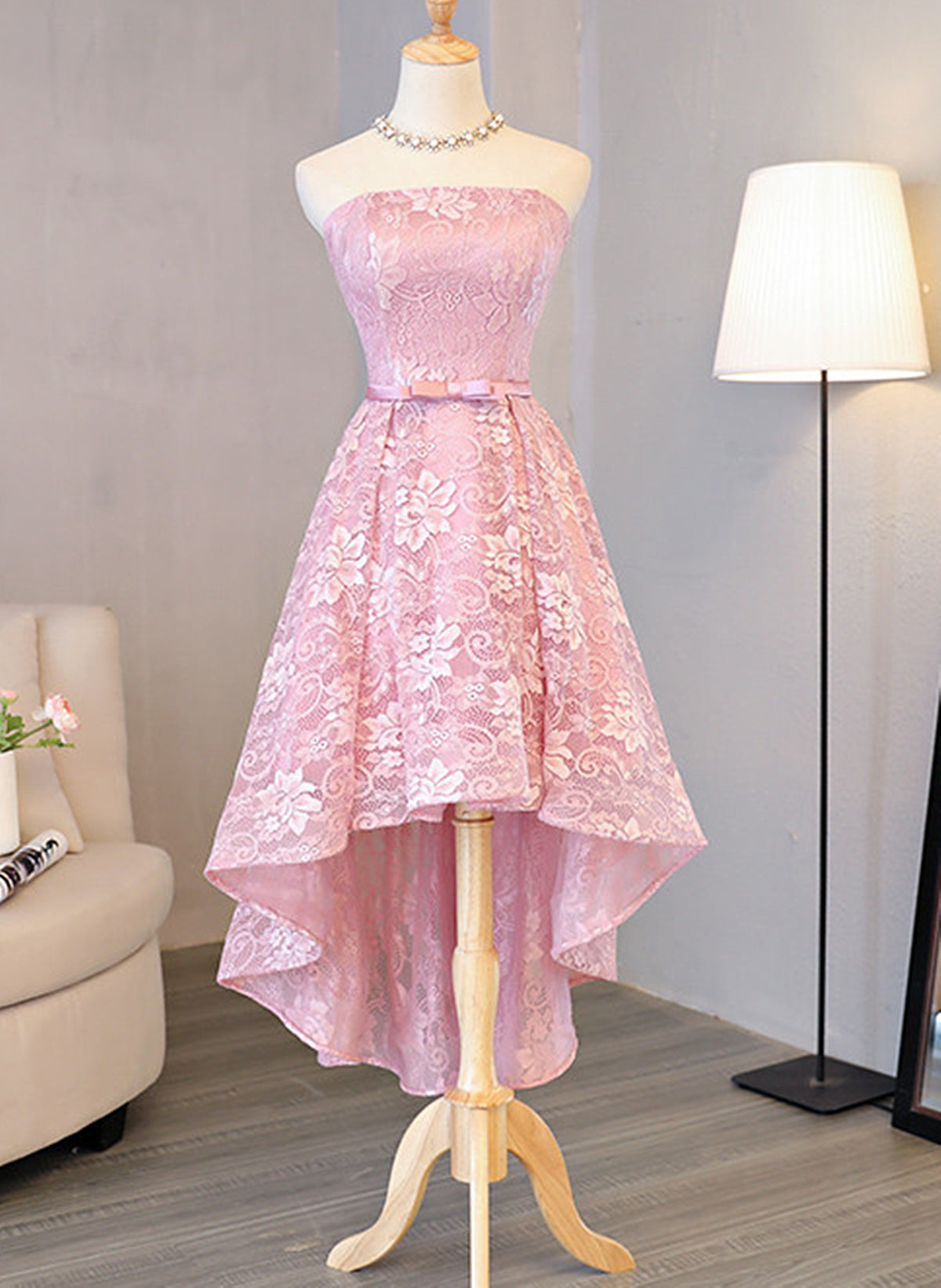 Bridesmaids Dress Designs, Cute Pink High Low Lace Scoop Homecoming Dress, Pink Short Prom Dress