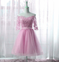 Evening Dresses Fitted, Cute Pink Knee Length Short Sleeves Party Dress, Tulle Prom Dress
