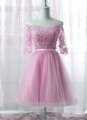 Evening Dress Fitted, Cute Pink Knee Length Short Sleeves Party Dress, Tulle Prom Dress
