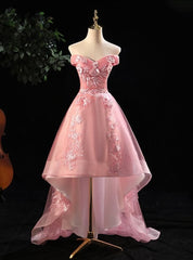 Prom Dresses Patterned, Cute Pink Off Shoulder High Low Tulle with Lace Party Dress, Pink Homecoming Dresses