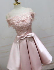 Formal Dresses With Sleeve, Cute Pink Satin Short Prom Dress , Lovely Party Dress