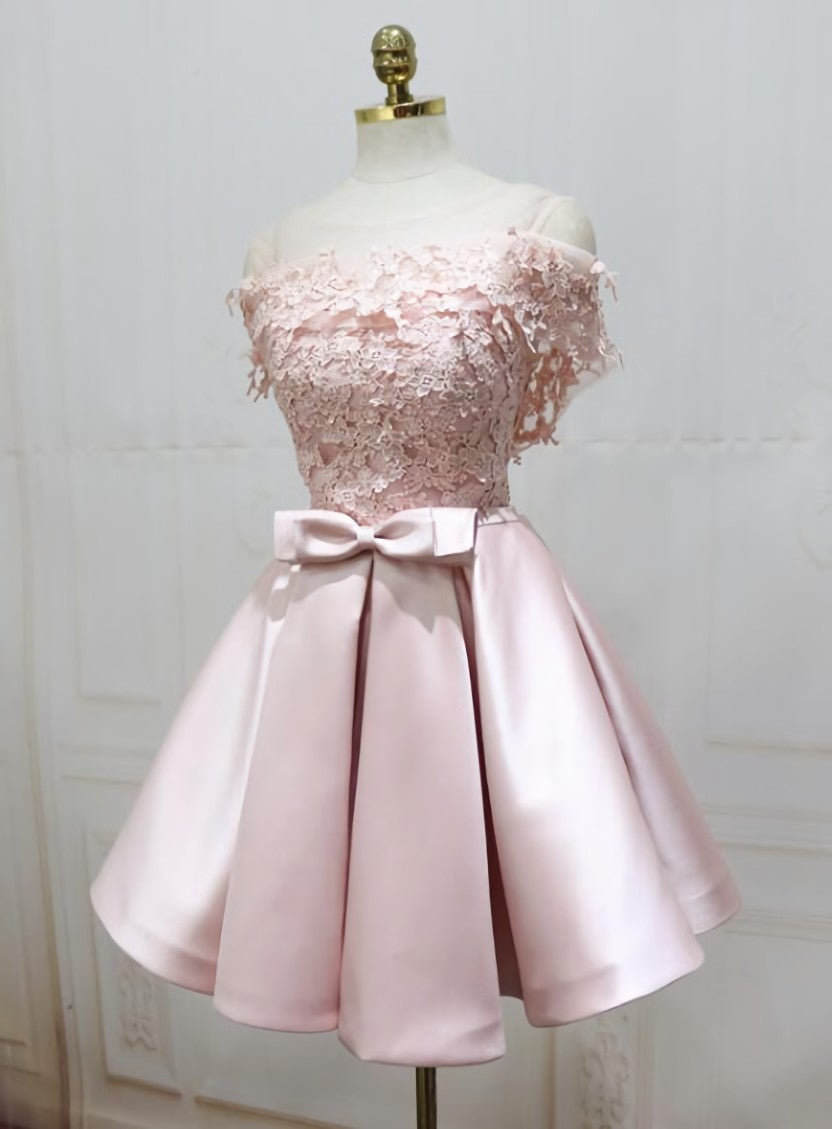 Formal Dress With Sleeve, Cute Pink Satin Short Prom Dress , Lovely Party Dress