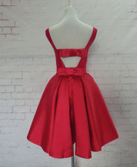 Evening Dresses For Wedding Guest, Cute Red A Line Satin Short Prom Dress, Backless Red Homecoming Dresses