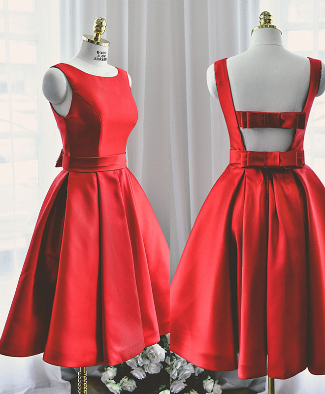 Evenning Dress For Wedding Guest, Cute Red A Line Satin Short Prom Dress, Backless Red Homecoming Dresses