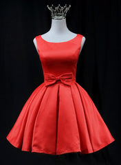 Homecoming Dress Red, Cute Red Satin Short Party Dress Prom Dress, Red Round Neckline Homecoming Dress