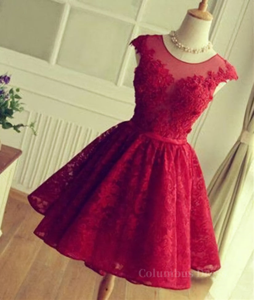 Bridesmaid Dress Formal, Cute Round Neck Red Lace Short Prom Dresses, Red Homecoming Dresses