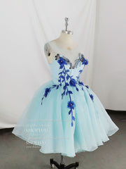 Prom Dress Ideas 2035, Cute Round Neck Tulle Lace Short Prom Dress, Blue Homecoming Dress