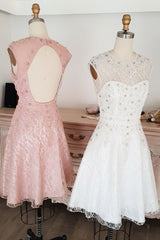 Prom Dress Ball Gown, Cute round neck tulle lace short prom dress lace bridesmaid dress