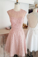 Prom Dresses Lace, Cute round neck tulle lace short prom dress lace bridesmaid dress