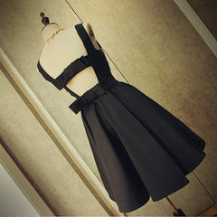 Party Dresses Long Sleeve, Cute Short Black Satin Knee Length Homecoming Dress, Black Party Dress