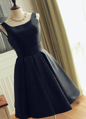 Party Dresses Long Sleeved, Cute Short Black Satin Knee Length Homecoming Dress, Black Party Dress