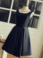 Party Dress For Girls, Cute Short Black Satin Knee Length Homecoming Dress, Black Party Dress