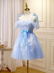 Party Dress Online Shopping, Cute Short Blue Lace Prom Dresses, Short Blue Lace Formal Graduation Dresses
