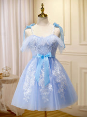 Party Dresses Online Shopping, Cute Short Blue Lace Prom Dresses, Short Blue Lace Formal Graduation Dresses
