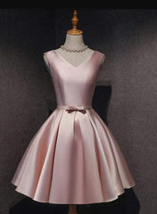 Bridesmaids Dresses Black, Cute Short Satin Pink V-neckline Knee Length Party Dress, Pink Prom Dress Homecoming Dress