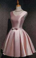 Bridesmaid Dress Black, Cute Short Satin Pink V-neckline Knee Length Party Dress, Pink Prom Dress Homecoming Dress