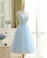 Evening Dress Designers, Cute Sky Blue Lace Tulle Short Prom Dress, Homecoming Dress