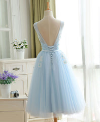 Evening Dress Designs, Cute Sky Blue Lace Tulle Short Prom Dress, Homecoming Dress