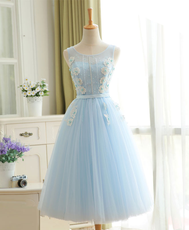 Evening Dresses And Gowns, Cute Sky Blue Lace Tulle Short Prom Dress, Homecoming Dress
