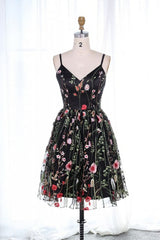 Prom Dresses With Slit, Cute Straps Embroidered Black Floral Homecoming Dress