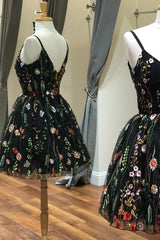 Prom Dresses Black, Cute Straps Embroidered Black Floral Homecoming Dress