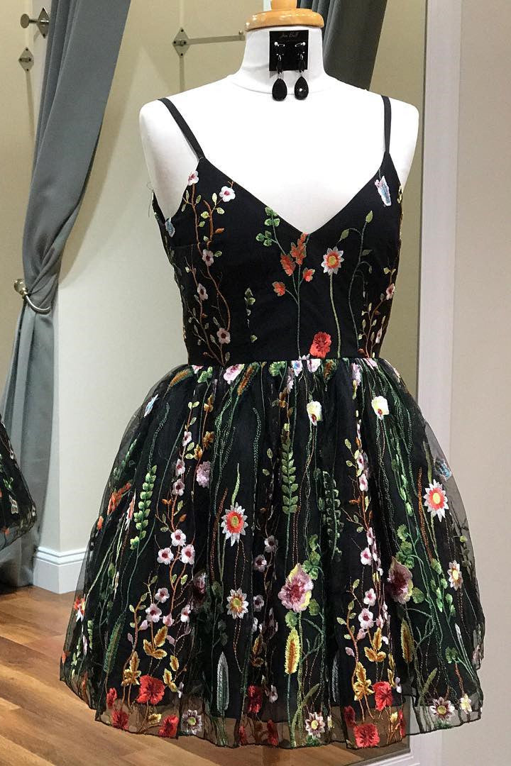 Prom Dress With Slit, Cute Straps Embroidered Black Floral Homecoming Dress