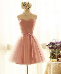 Evening Dress With Sleeve, Cute Sweetheart Neck Tulle Short Prom Dress, Pink Bridesmaid Dress