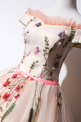 Bridesmaids Dresses Blush, Cute Tulle Lace Long Formal Dress, A-Line Off Shoulder Party Dress