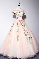 Bridesmaid Dress Blush, Cute Tulle Lace Long Formal Dress, A-Line Off Shoulder Party Dress