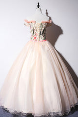 Bridesmaids Dresses Champagne, Cute Tulle Lace Long Formal Dress, A-Line Off Shoulder Party Dress