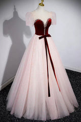 Bridesmaide Dresses Long, Cute Tulle Long Prom Dress with Velvet, A-Line Short Sleeve Evening Dress