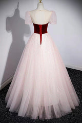 Bridesmaids Dresses On Sale, Cute Tulle Long Prom Dress with Velvet, A-Line Short Sleeve Evening Dress