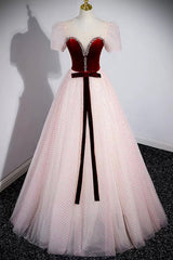 Bridesmaid Dresses Styles, Cute Tulle Long Prom Dress with Velvet, A-Line Short Sleeve Evening Dress