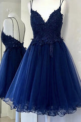 Evening Dress Short, Cute V Neck Backless Blue Lace Short Prom Dresses, Blue Lace Homecoming Dresses, Blue Formal Evening Dresses