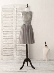 Classy Gown, Cute V Neck Lace Chiffon Gray Short Prom Dress Gray Homecoming Dress