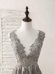 Dress Casual, Cute V Neck Lace Chiffon Gray Short Prom Dress Gray Homecoming Dress