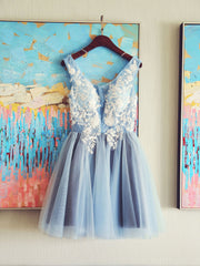 Bridesmaid Dresses Mismatched, Cute V Neck Light Blue Tulle Lace Short Prom Dress Blue Homecoming Dress
